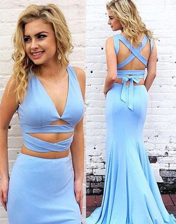 Sexy Mermaid Two-Piece V-Neck Blue Long Prom/Evening Dress stunning IN125
