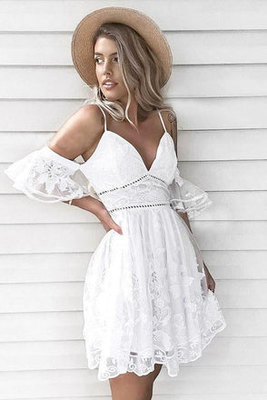 A-Line Spaghetti Straps Short White Lace Homecoming Dress INM7