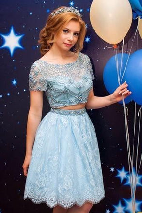 Light Blue Two Pieces A Line Lace Short Sleeves Short Prom Dress With Beads INB77