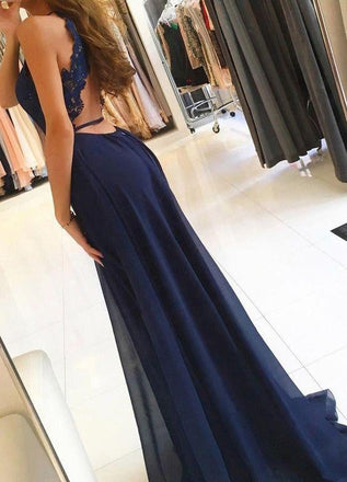 Navy Blue A Line Split Long Chiffon Open Back Prom Dresses IN975