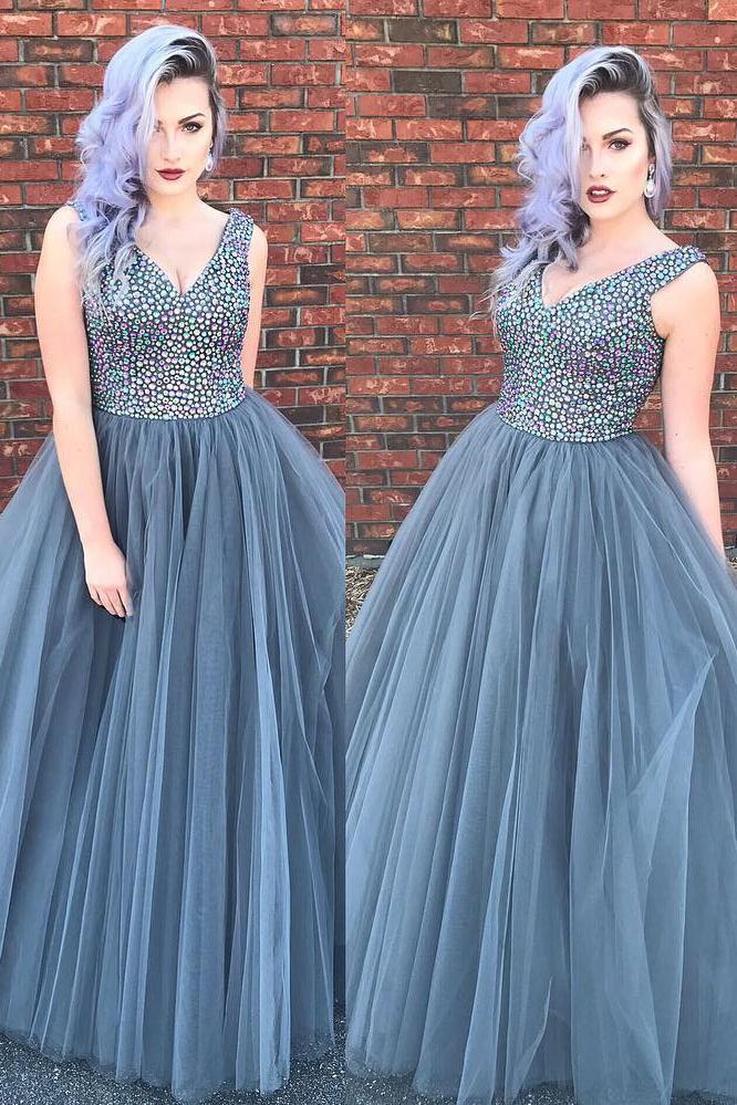 Luxurious Prom Dresses,V Neck Prom Gown,Beading Prom Dress,Grey Prom Dress,Tulle Evening Dress