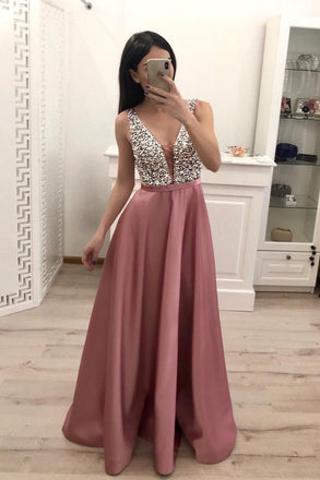 A Line Beading Satin Prom Dresses, V Neck Sleeveless Cheap Prom Dress INI16