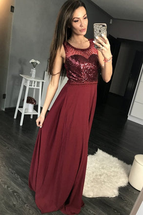 Charming Burgundy Sequins A Line Sleeveless Chiffon Long Prom Dress IN861