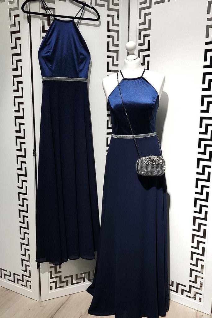 A Line Navy Blue Chiffon Long Prom Dresses,Cheap Party Dresses INI81