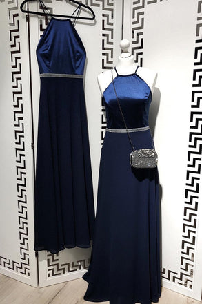 A Line Navy Blue Chiffon Long Prom Dresses,Cheap Party Dresses INI81