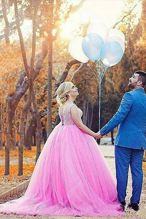 Pink Tulle Sweetheart Beading Sleeveless Ball Gown Long Plus Size Prom Dress IN665