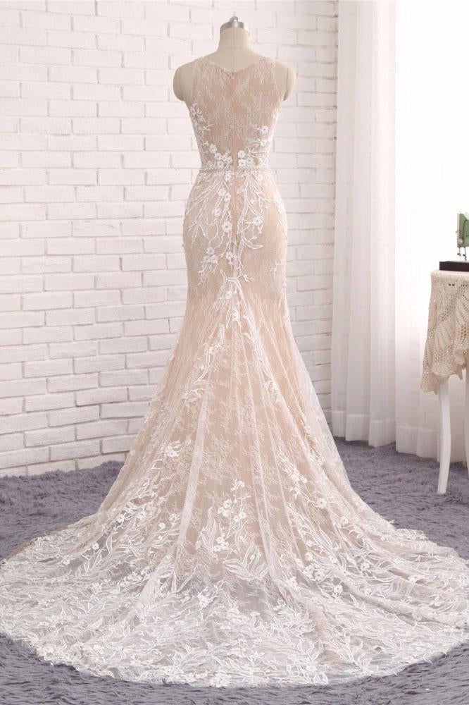 Unique Mermaid White Sleeveless Prom Dress,Lace Long Sweep Train Wedding Dress IN636