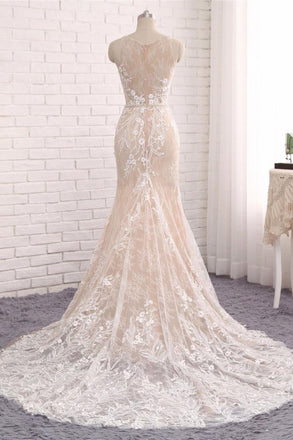 Unique Mermaid White Sleeveless Prom Dress,Lace Long Sweep Train Wedding Dress IN636
