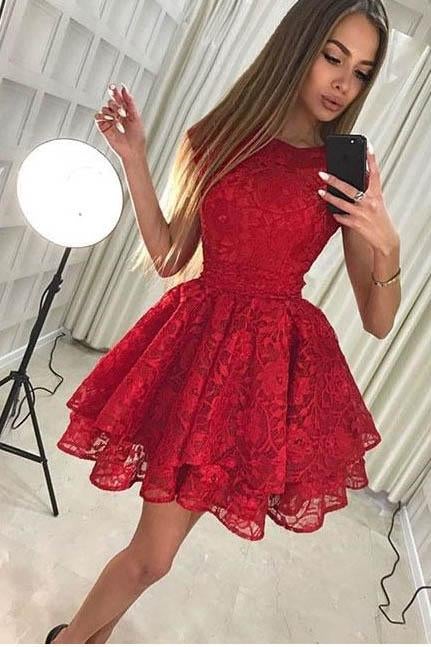 Cute Red Lace A Line Short Homecoming Dress,Cocktail Dresses INB11