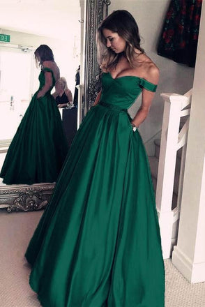 A Line Off The Shoulder Simple Green Long Cheap Prom Dresses With Pockets INH21