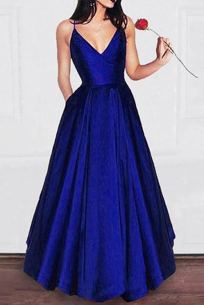 Charming A Line V Neck Satin Spaghetti Straps Long Prom Dress,Girls Graduation Dresses INB29