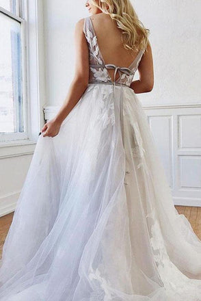 A Line Deep V-Neck Backless White Tulle Prom Dress With Appliques INQ63