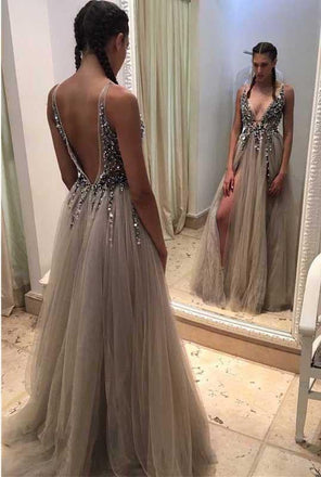 Backless Rhinestone tulle Deep V-neck Sexy prom dress online, Long Split Prom Dress IN157