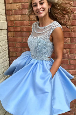Cute Sparkly Beads Short Blue Open Back Homecoming Dress with Pockets IN438