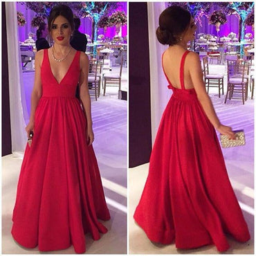stunning Long Satin Red Prom Gowns,Sexy Backless Evening Party Dresses IN123