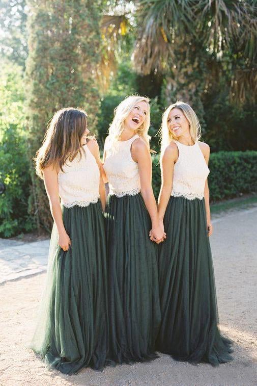 Modest Forest Green Tulle Ivory Lace Top Bridesmaid Dresses