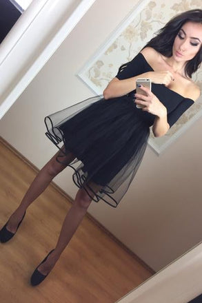 A-Line Off-The-Shoulder Short Sleeves Black Tulle Homecoming Dresses For Juniors IN475