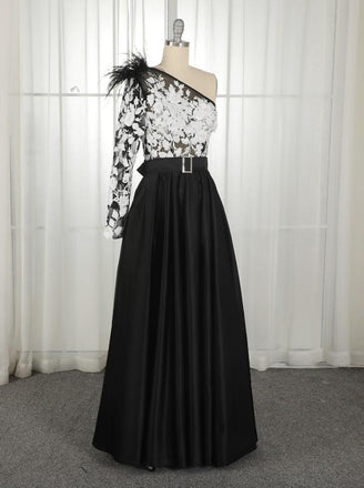 A-Line One-Shoulder Black Long Lace Appliqued Split Prom Dress with Pockets INJ11