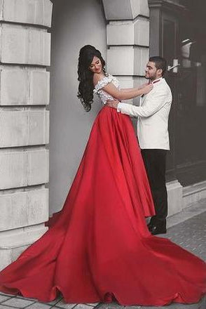 White Lace Crop Top Red Satin Two Piece A Line Prom Dresses IN817