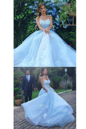 Light Blue Lace Appliques Ball Gown Prom Dress,Princess Prom Dress IN688