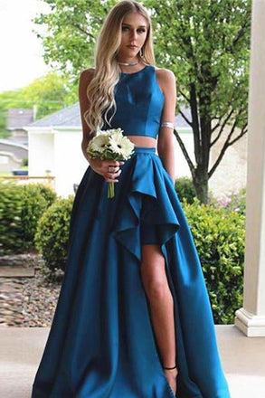 Two Pieces A-line Blue Sleeveless Slit Long Prom Dress,Woman Evening Dress IN690