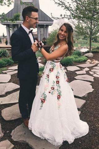 A Line V Neck Flower Appliques Prom Dresses, Long Evening Dresses ING76