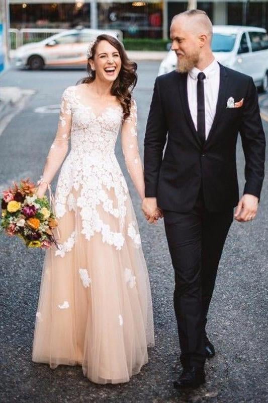 Lace A-line Long Sleeves Tulle Simple Cheap Long Wedding Dresses,Prom Dress IN889