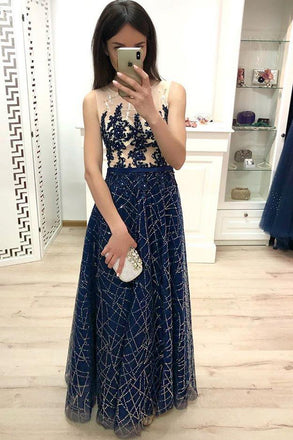 A Line Dark Blue Long Prom Dresses, Sequins Sleeveless Evening Dress INJ19