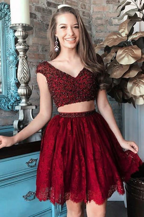 Two Pieces Burgundy Beaded Lace Homecoming Dresses,Short Prom Dresses,2 Pieces Party Dresses IN510