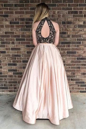 High Neck Blush A Line Black Lace Sleeveless Prom Dress With Pockets IN687