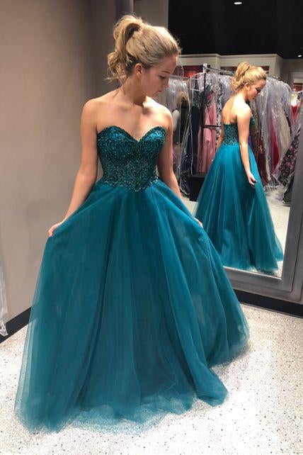 Sweetheart Prom Dresses,Beading Prom Gown,Blue Prom Dress,Tulle Prom Dress,Cheap Prom   Dress