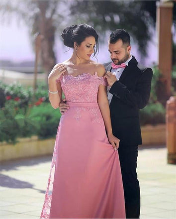 Applique Long Off the Shoulder Evening Formal Dresses,Satin A line Party Dresses INF34