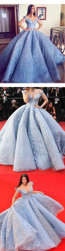 Blue Lace Off The Shoulder Ball Gown Quinceanera Dresses,Princess Prom Dress INC91