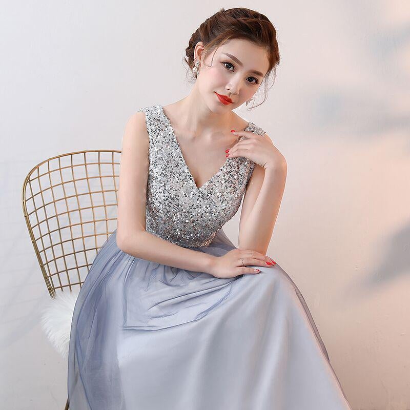 Unique Ombre Beaded A Line Long V Neck Sleeveless Prom Dress INA70