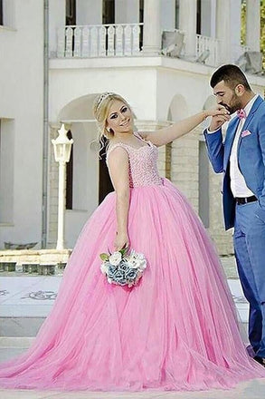 Pink Tulle Sweetheart Beading Sleeveless Ball Gown Long Plus Size Prom Dress IN665