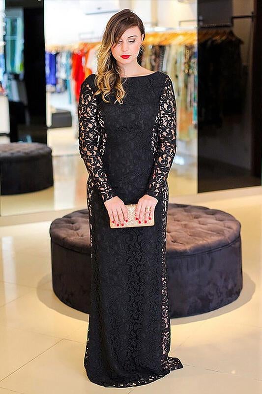 Black Lace Bateau Sheath Long Backless Plus Size Prom Dress IN661