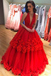 Charming Deep V Neckline Layered Tulle Red Prom Dresses Ball Gowns IN892