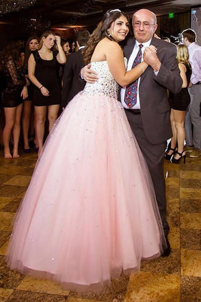 Princess Pink Sweetheart Strapless Tulle Ball Gown Beading Long Plus Size Prom Dress IN663