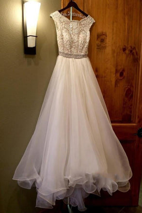 White Bateau Neck A-line Beading Organza Long Wedding Dress IN552