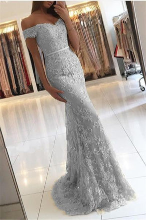Off the Shoulder Mermaid Lace Gray Prom Dress,beautiful Evening Gowns,Formal Dress IN579