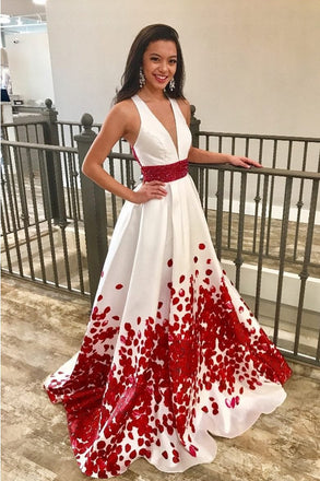 Charming Red Beaded Floral A Line Long Prom Dresses with Deep V-Neck INA85