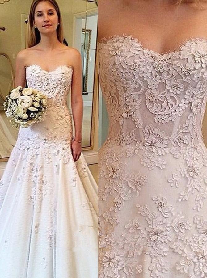 Charming Sweetheart Sweep Train A Line Long Wedding Dress with Lace Appliques INB10