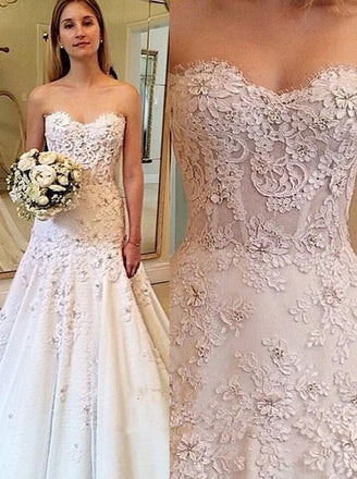 Charming Sweetheart Sweep Train A Line Long Wedding Dress with Lace Appliques INB10
