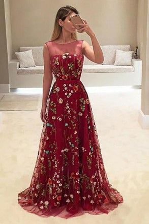 A-Line Bateau Burgundy Floral Lace Long Prom Dresses INH4