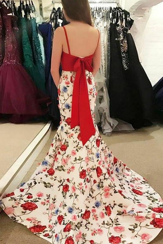 Mermaid Spaghetti Straps Floral Print Red Top Prom Dresses INI84