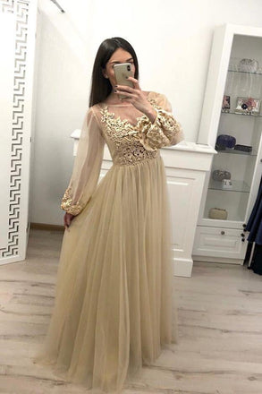 Stunning A Line Long Sleeve Tulle Appliques Prom Dresses INH59