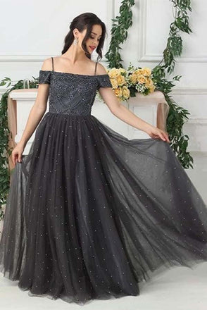 Grey Tulle A Line Beads Long Prom Dress,Evening Dresses INE88