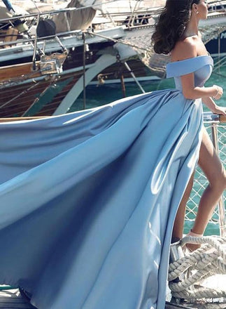 Off Shoulder Blue Prom Gown with Slit, Long Formal Evening Dress with Sweep Train IND95