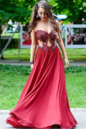 Appliques Beading Strapless Red A Line Chiffon See-through Fashion Prom Dress IN672