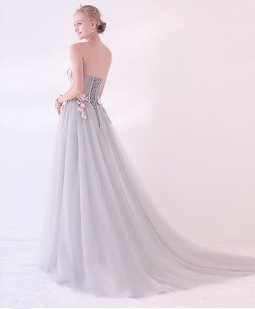Grey Long Applique Tulle Evening Dress Sweetheart Formal Prom Dress IN874